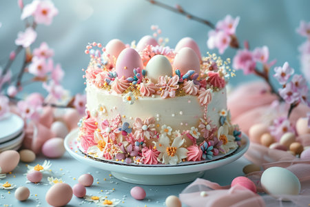 A festive Easter celebration table with a pastel-colored layered cake surrounded by decorated eggs and blossoms.の素材
