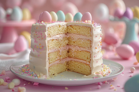 A festive Easter celebration table with a pastel-colored layered cake surrounded by decorated eggs and blossoms.の素材