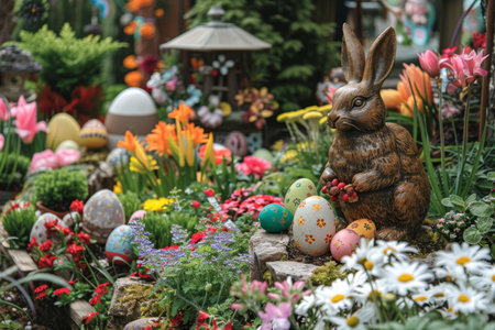A charming Easter bunny figurine surrounded by colorful eggs and vibrant spring flowers.の素材