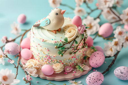 A festive Easter celebration table with a pastel-colored layered cake surrounded by decorated eggs and blossoms.の素材