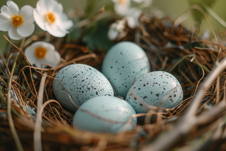 Close-up of speckled Easter eggs in a warm, sunlit nest, evoking the cozy essence of spring.の素材