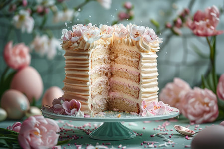 A festive Easter celebration table with a pastel-colored layered cake surrounded by decorated eggs and blossoms.の素材