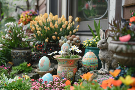 A charming Easter bunny figurine surrounded by colorful eggs and vibrant spring flowers.の素材
