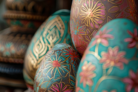 An ornate Easter egg with golden floral designs stands out among a collection of decorated eggs.の素材