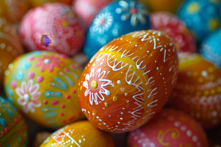 An ornate Easter egg with golden floral designs stands out among a collection of decorated eggs.の素材