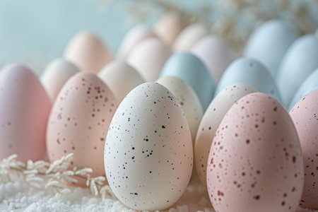 Decorative Easter eggs with delicate hand-painted floral patterns displayed in a natural outdoor setting.の素材