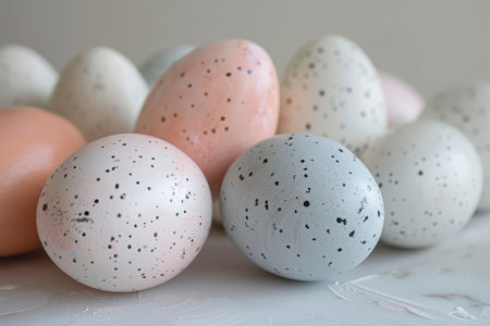 Decorative Easter eggs with delicate hand-painted floral patterns displayed in a natural outdoor setting.の素材