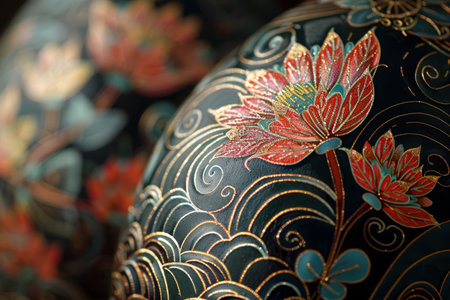 An ornate Easter egg with golden floral designs stands out among a collection of decorated eggs.の素材