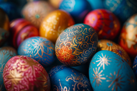 An ornate Easter egg with golden floral designs stands out among a collection of decorated eggs.の素材