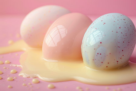 Close-up of speckled pastel Easter eggs and a cracked white chocolate egg on a pink background.の素材