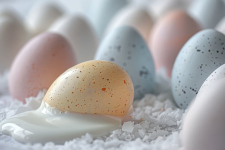 Close-up of speckled pastel Easter eggs and a cracked white chocolate egg on a pink background.の素材