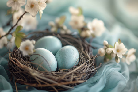 Close-up of speckled Easter eggs in a warm, sunlit nest, evoking the cozy essence of spring.の素材