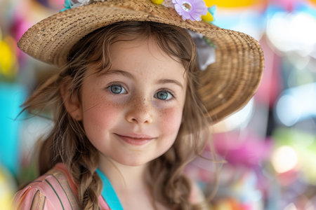 Portrait of a cheerful young child with curly hair and a gentle smile, radiating innocence and joy.の素材