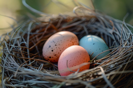 Close-up of speckled Easter eggs in a warm, sunlit nest, evoking the cozy essence of spring.の素材