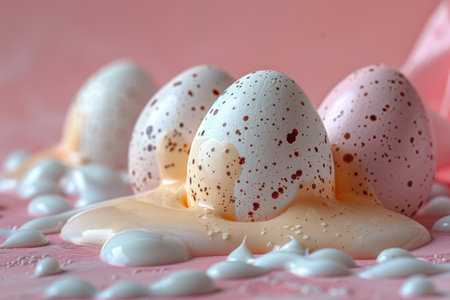 Close-up of speckled pastel Easter eggs and a cracked white chocolate egg on a pink background.の素材