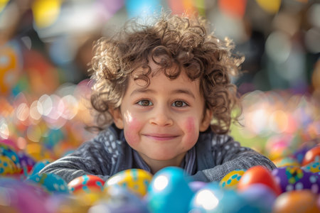 A curly-haired child lies amongst a multitude of colorful Easter eggs, his joyous smile radiating happiness.の素材