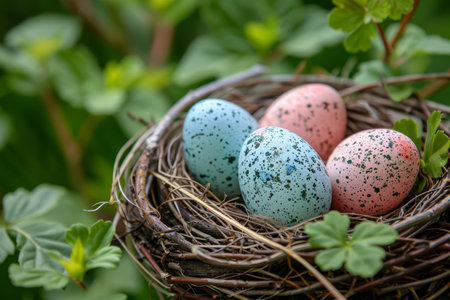 Close-up of speckled Easter eggs in a warm, sunlit nest, evoking the cozy essence of spring.の素材