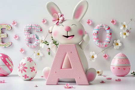 Colorful Easter-themed 3D illustration of the letter with flowers and eggs.の素材