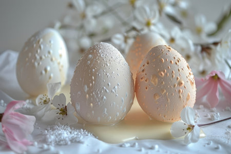 Close-up of speckled pastel Easter eggs and a cracked white chocolate egg on a pink background.の素材