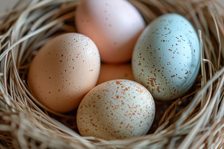 Close-up of speckled Easter eggs in a warm, sunlit nest, evoking the cozy essence of spring.の素材