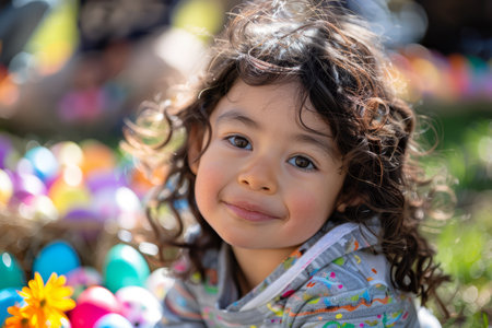 Portrait of a cheerful young child with curly hair and a gentle smile, radiating innocence and joy.の素材