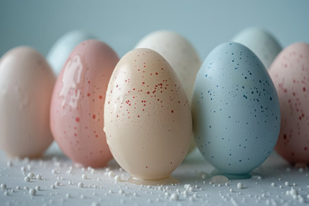 Close-up of speckled pastel Easter eggs and a cracked white chocolate egg on a pink background.の素材