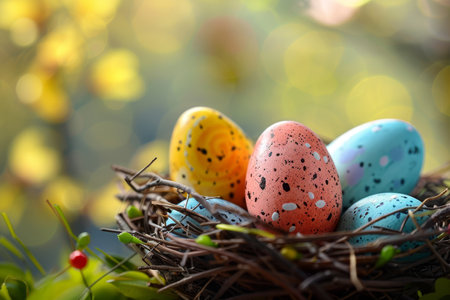 Close-up of speckled Easter eggs in a warm, sunlit nest, evoking the cozy essence of spring.の素材