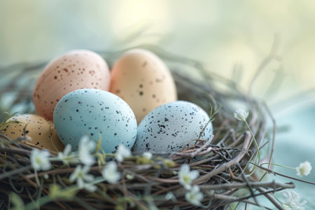 Close-up of speckled Easter eggs in a warm, sunlit nest, evoking the cozy essence of spring.の素材