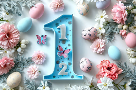 Colorful Easter-themed 3D illustration of the letter with flowers and eggs.の素材