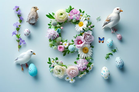 Colorful Easter-themed 3D illustration of the letter with flowers and eggs.の素材