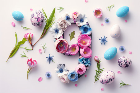 Colorful Easter-themed 3D illustration of the letter with flowers and eggs.の素材