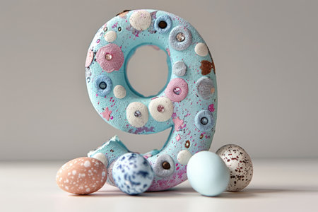 Colorful Easter-themed 3D illustration of the letter with flowers and eggs.の素材