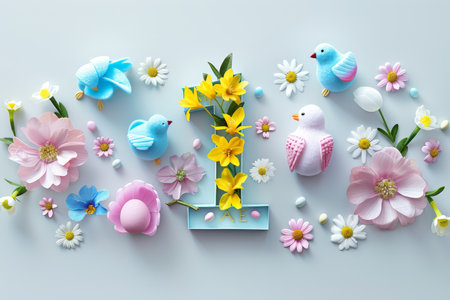 Colorful Easter-themed 3D illustration of the letter with flowers and eggs.の素材