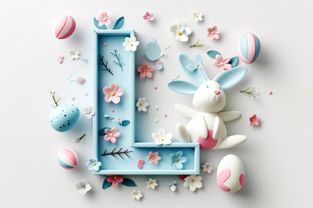 Colorful Easter-themed 3D illustration of the letter with flowers and eggs.の素材