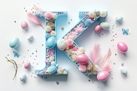 Colorful Easter-themed 3D illustration of the letter with flowers and eggs.の素材