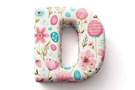 Colorful Easter-themed 3D illustration of the letter with flowers and eggs.の素材