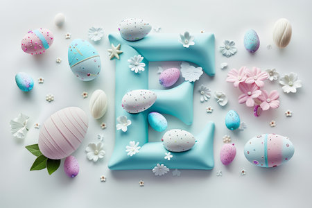 Colorful Easter-themed 3D illustration of the letter with flowers and eggs.の素材