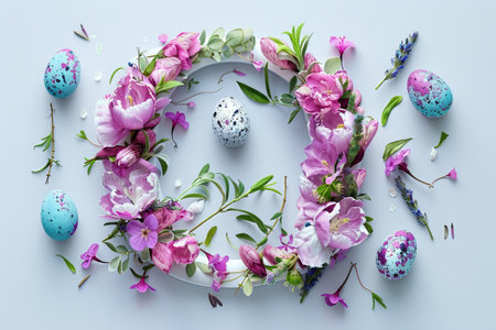 Colorful Easter-themed 3D illustration of the letter with flowers and eggs.の素材