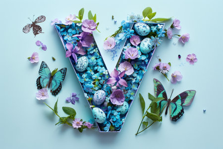 Colorful Easter-themed 3D illustration of the letter with flowers and eggs.の素材