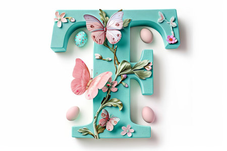 Colorful Easter-themed 3D illustration of the letter with flowers and eggs.の素材