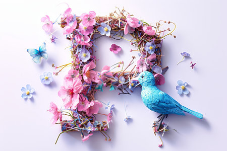 Colorful Easter-themed 3D illustration of the letter with flowers and eggs.の素材