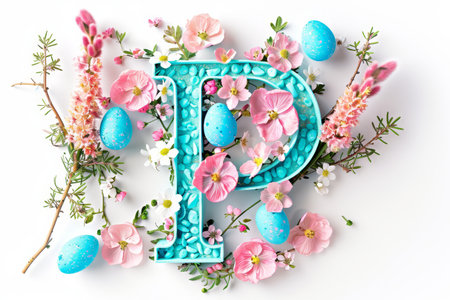 Colorful Easter-themed 3D illustration of the letter with flowers and eggs.の素材