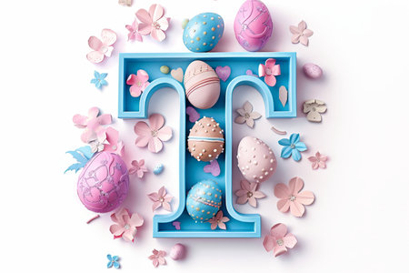 Colorful Easter-themed 3D illustration of the letter with flowers and eggs.の素材