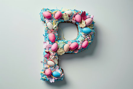 Colorful Easter-themed 3D illustration of the letter with flowers and eggs.の素材