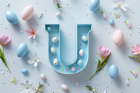 Colorful Easter-themed 3D illustration of the letter with flowers and eggs.の素材