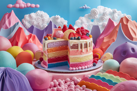A festive Easter celebration table with a pastel-colored layered cake surrounded by decorated eggs and blossoms.の素材