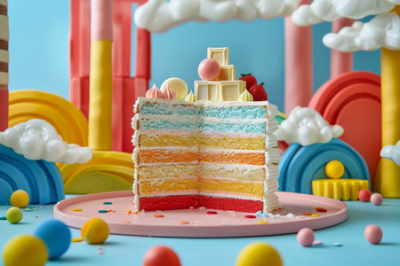 A festive Easter celebration table with a pastel-colored layered cake surrounded by decorated eggs and blossoms.の素材