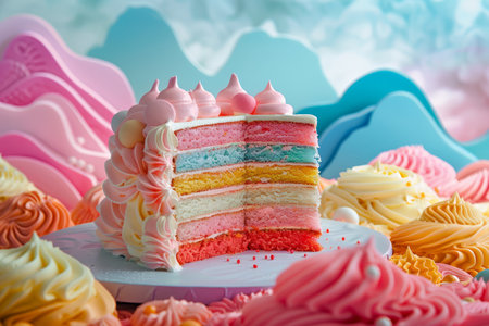 A festive Easter celebration table with a pastel-colored layered cake surrounded by decorated eggs and blossoms.の素材
