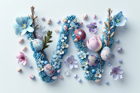 Colorful Easter-themed 3D illustration of the letter with flowers and eggs.の素材