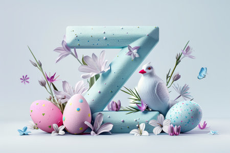 Colorful Easter-themed 3D illustration of the letter with flowers and eggs.の素材